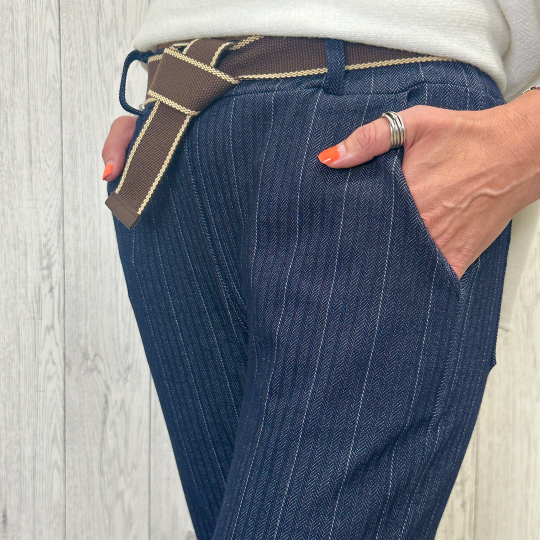 Made in Italy Herringbone Striped Trouser Navy - Sugarplum Boutique