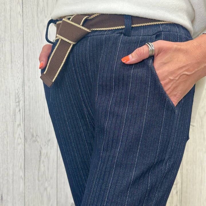 Made in Italy Herringbone Striped Trouser Navy - Sugarplum Boutique