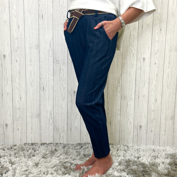Made in Italy Herringbone Striped Trouser Navy - Sugarplum Boutique