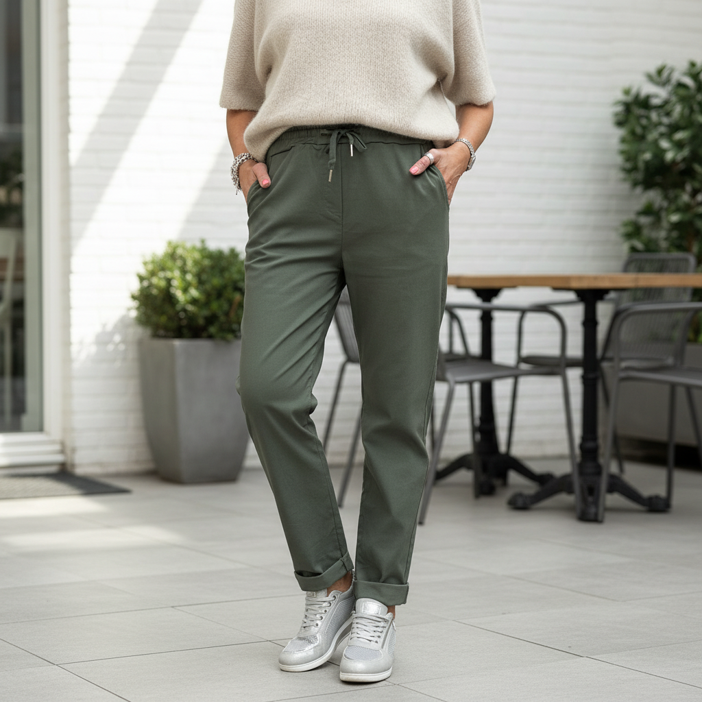 Made in Italy Plus Size Magic Trousers Stretch Fabric Khaki Green - Sugarplum Boutique