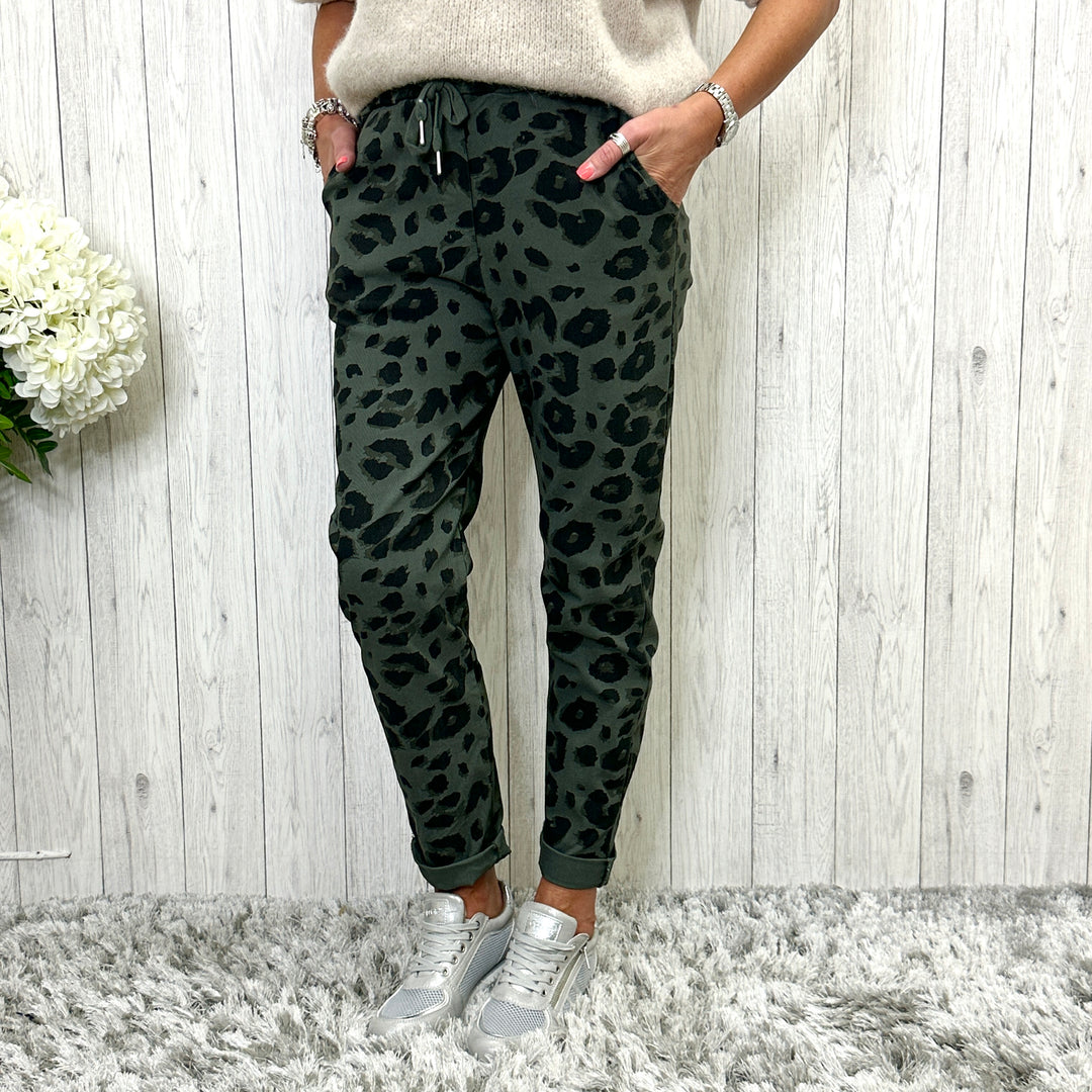 Made in Italy Shelley Animal Print Magic Trousers Khaki Green - Sugarplum Boutique