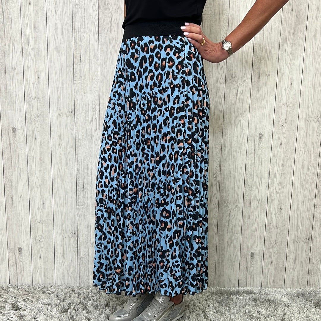 Made In Italy Ava Light Blue Pleated Animal Print Skirt - Sugarplum Boutique