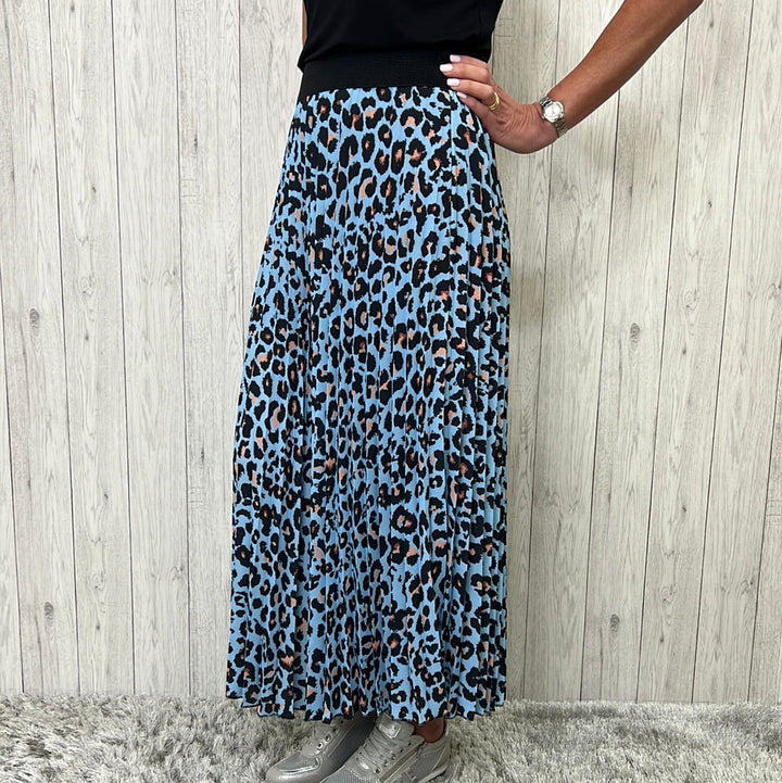 Made In Italy Ava Light Blue Pleated Animal Print Skirt - Sugarplum Boutique