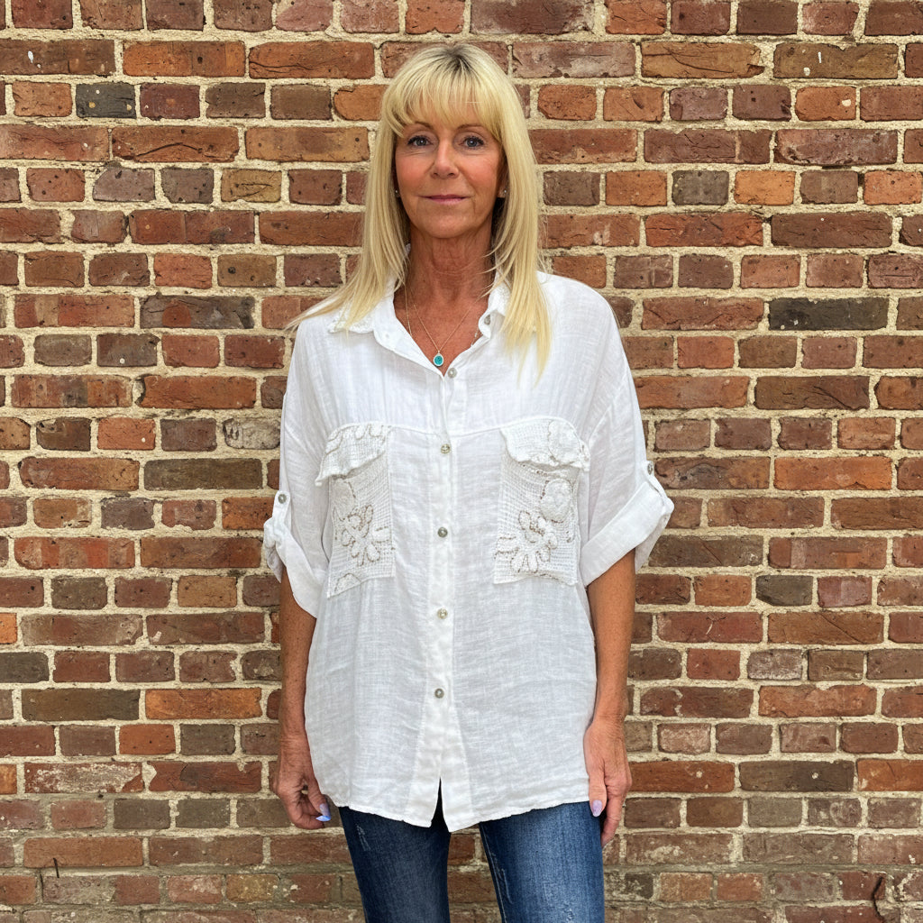Maeve Puro Lino White Crochet Embellished Linen Shirt - Sugarplum Boutique