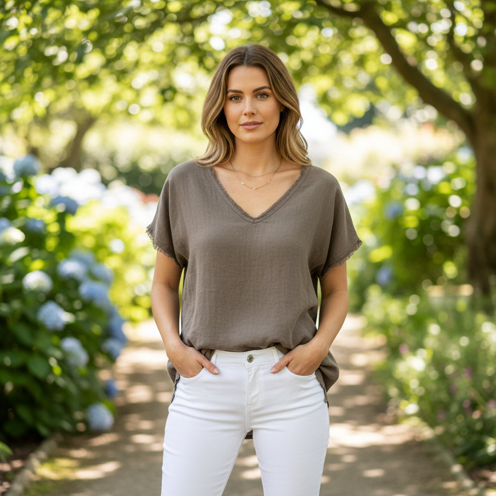 Maggie Relaxed Fit Mocha Brown Linen Blend Top - Sugarplum Boutique