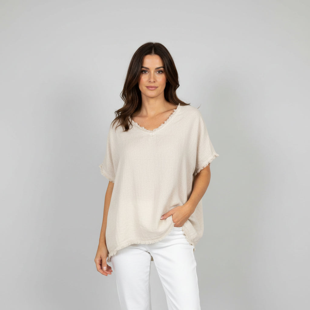 Maggie Relaxed Fit Stone Linen Blend Top - Sugarplum Boutique