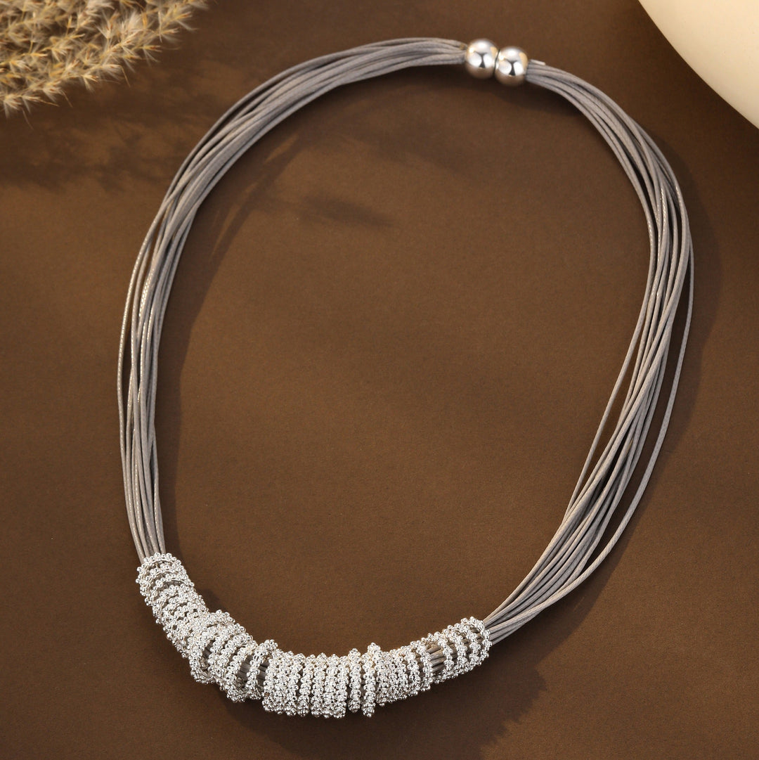 Magnetic Clasp Grey Faux Leather Encrusted Roundels Short Necklace - Sugarplum Boutique