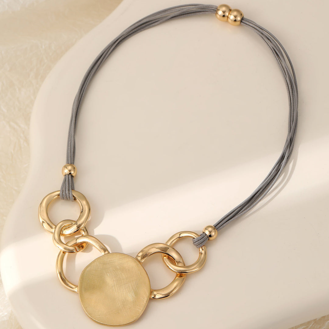 Magnetic Clasp Grey Faux Leather Gold Circles Short Necklace - Sugarplum Boutique