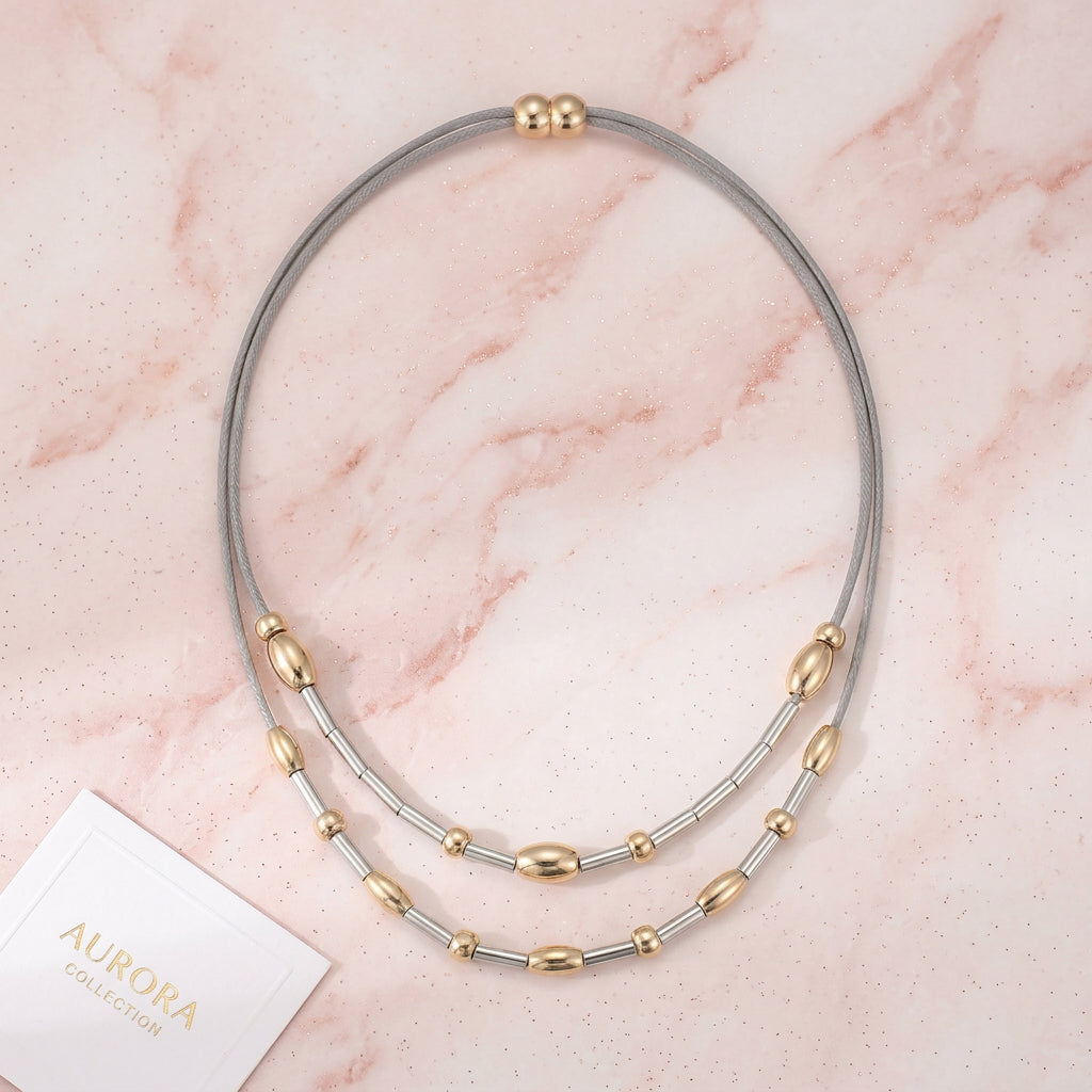 Magnetic Clasp Grey Faux Leather Oval Silver Gold Short Necklace - Sugarplum Boutique