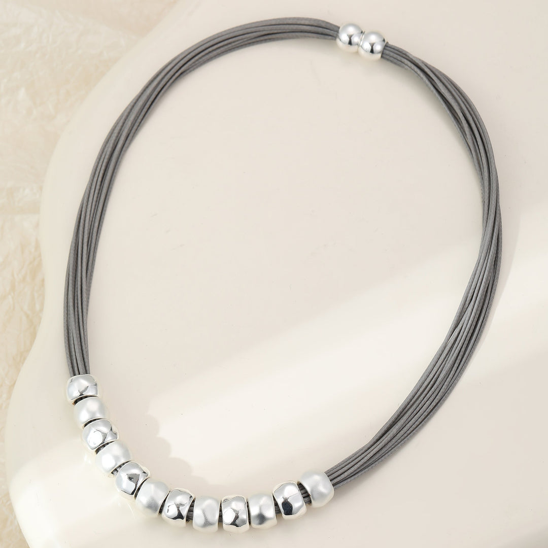 Magnetic Clasp Grey Faux Leather Strand Roundel Short Necklace - Sugarplum Boutique