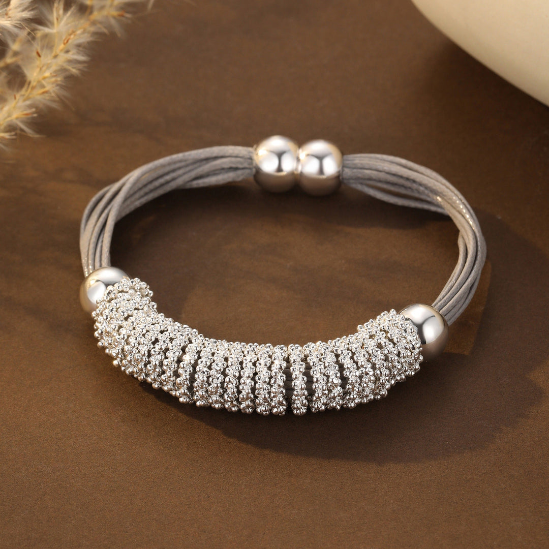 Magnetic Clasp Grey Faux Leather Strands Encrusted Roundel Bracelet - Sugarplum Boutique