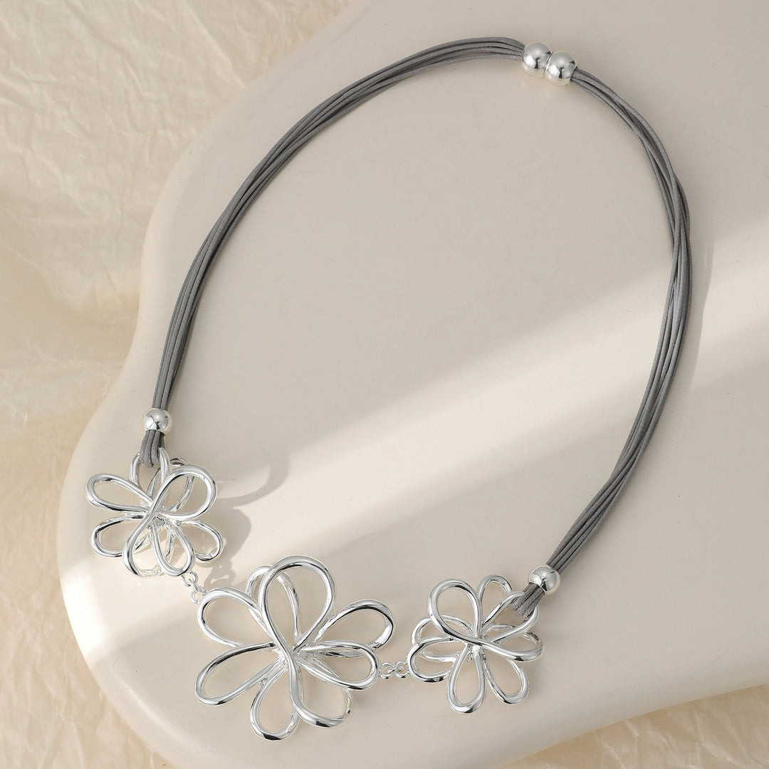 Magnetic Clasp Grey Faux Leather Triple Flower Silver Short Necklace - Sugarplum Boutique