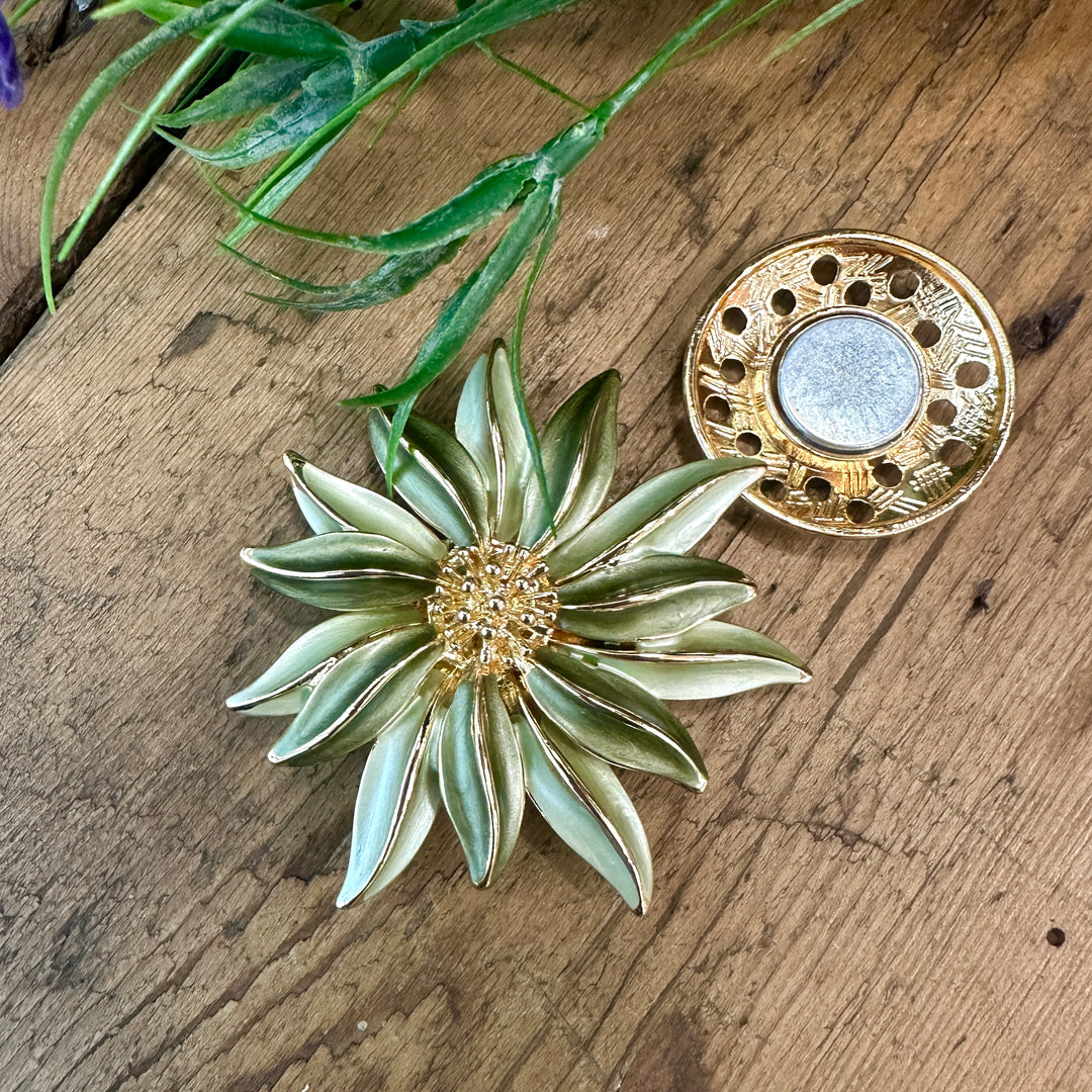Magnetic Flower Scarf Brooch Olive Green Gold - Sugarplum Boutique