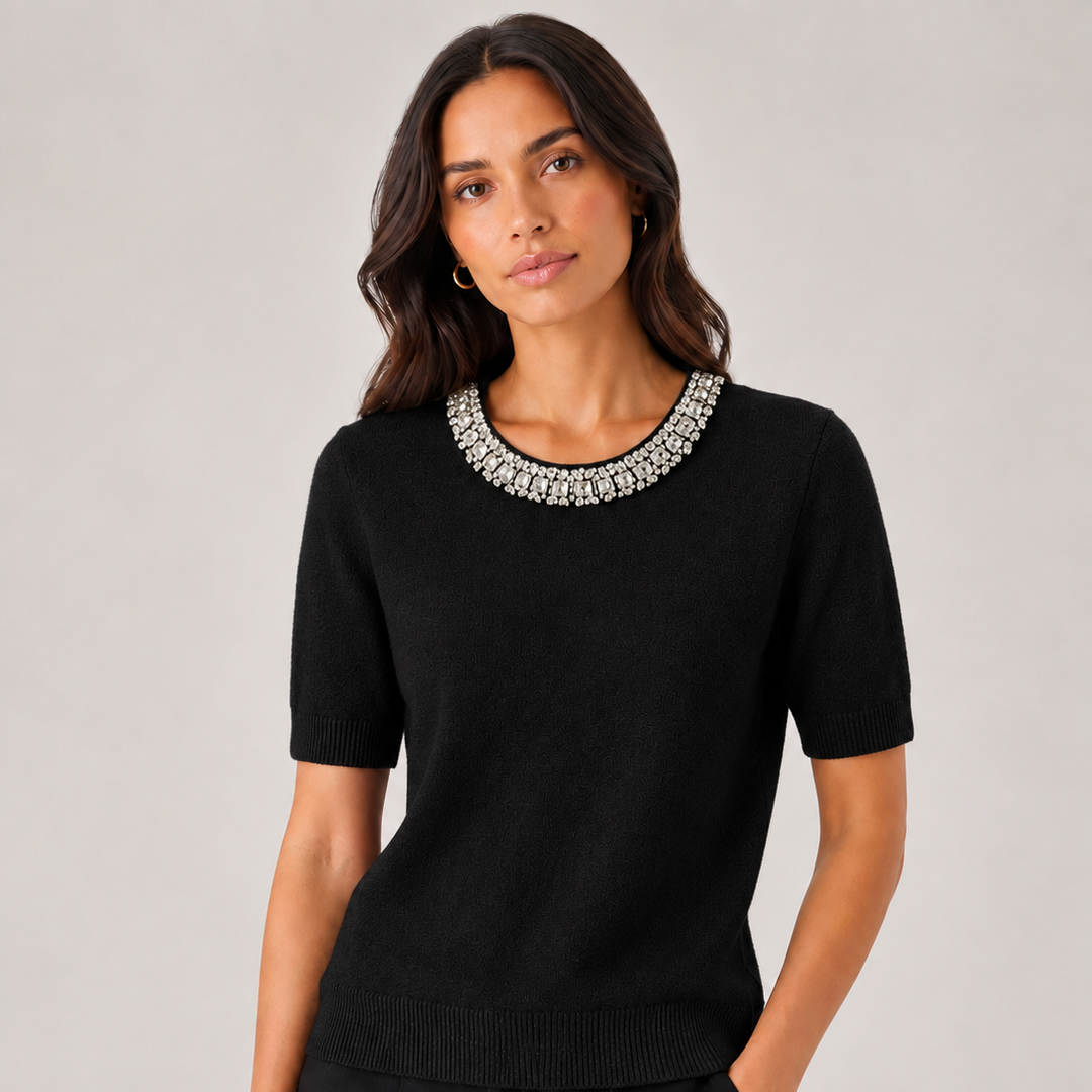 Magnolia Jewel Embellished Black Short Sleeve Knit Jumper - Sugarplum Boutique