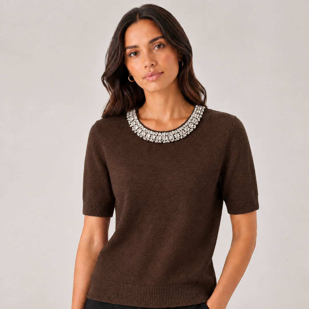 Magnolia Jewel Embellished Chocolate Brown Short Sleeve Knit Jumper - Sugarplum Boutique