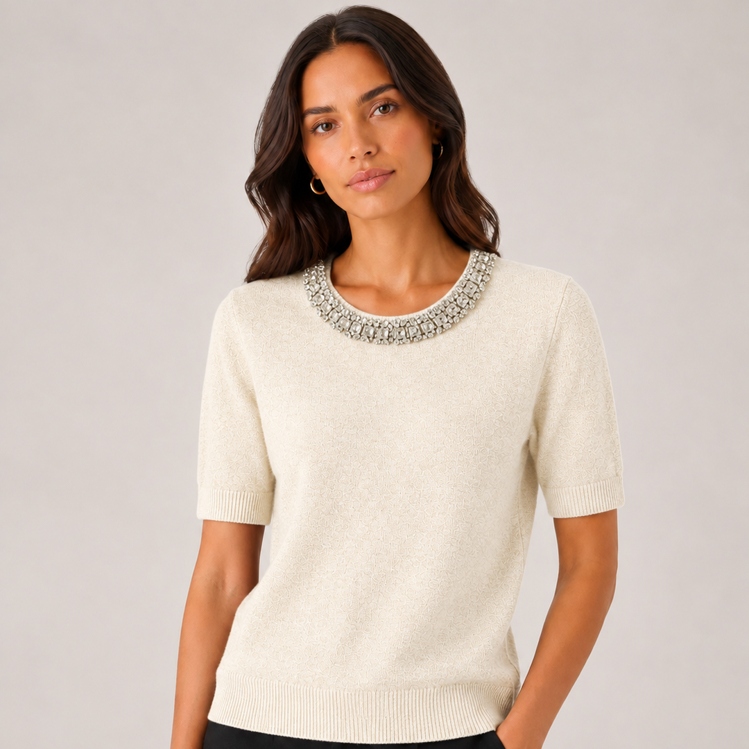 Magnolia Jewel Embellished Cream Short Sleeve Knit Jumper - Sugarplum Boutique