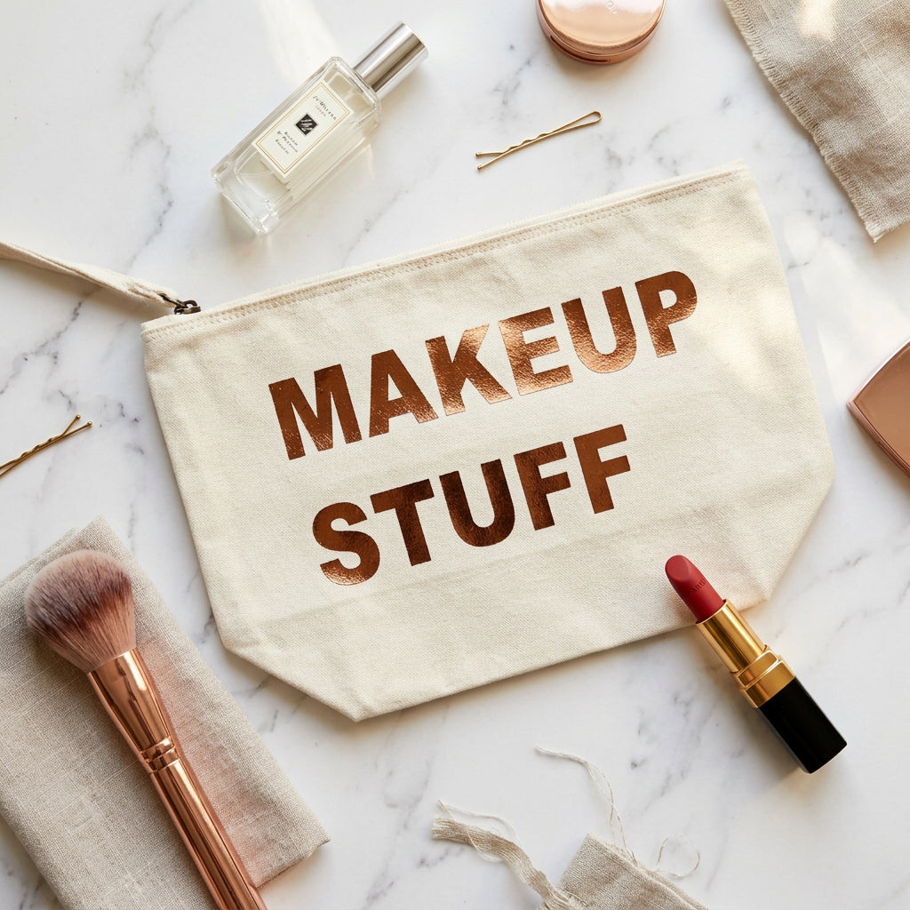 Makeup Stuff Natural Recycled Canvas Pouch Bronze Print - Sugarplum Boutique