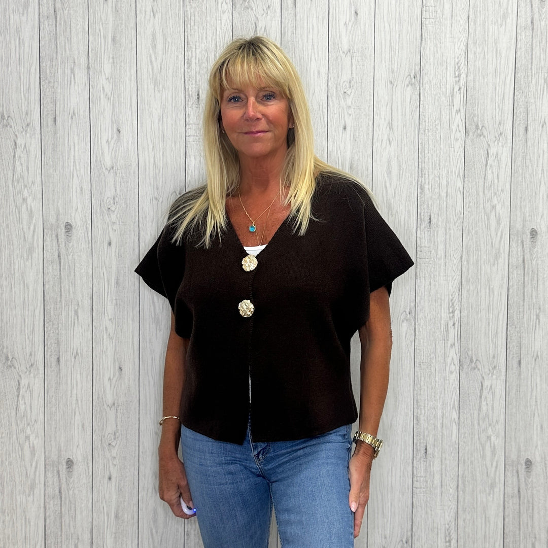 Manarola Gold Button Short Sleeve Cardigan Chocolate Brown - Sugarplum Boutique