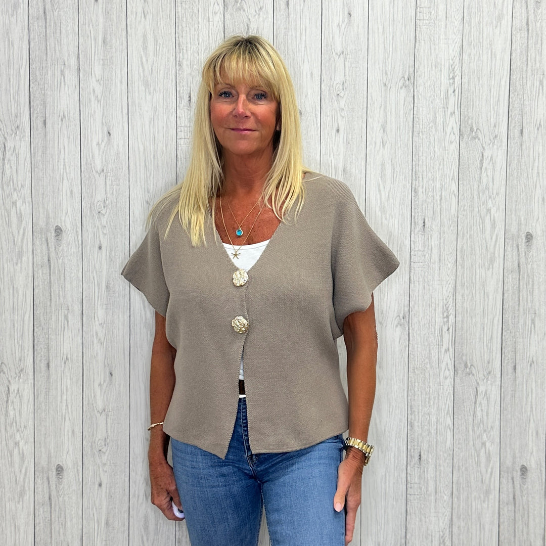 Manarola Gold Button Short Sleeve Cardigan Mocha Brown - Sugarplum Boutique