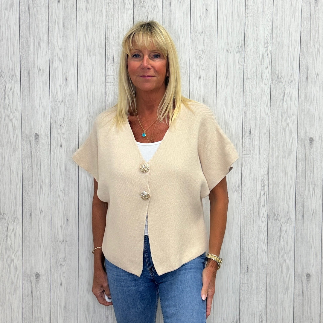 Manarola Gold Button Short Sleeve Cardigan Stone - Sugarplum Boutique