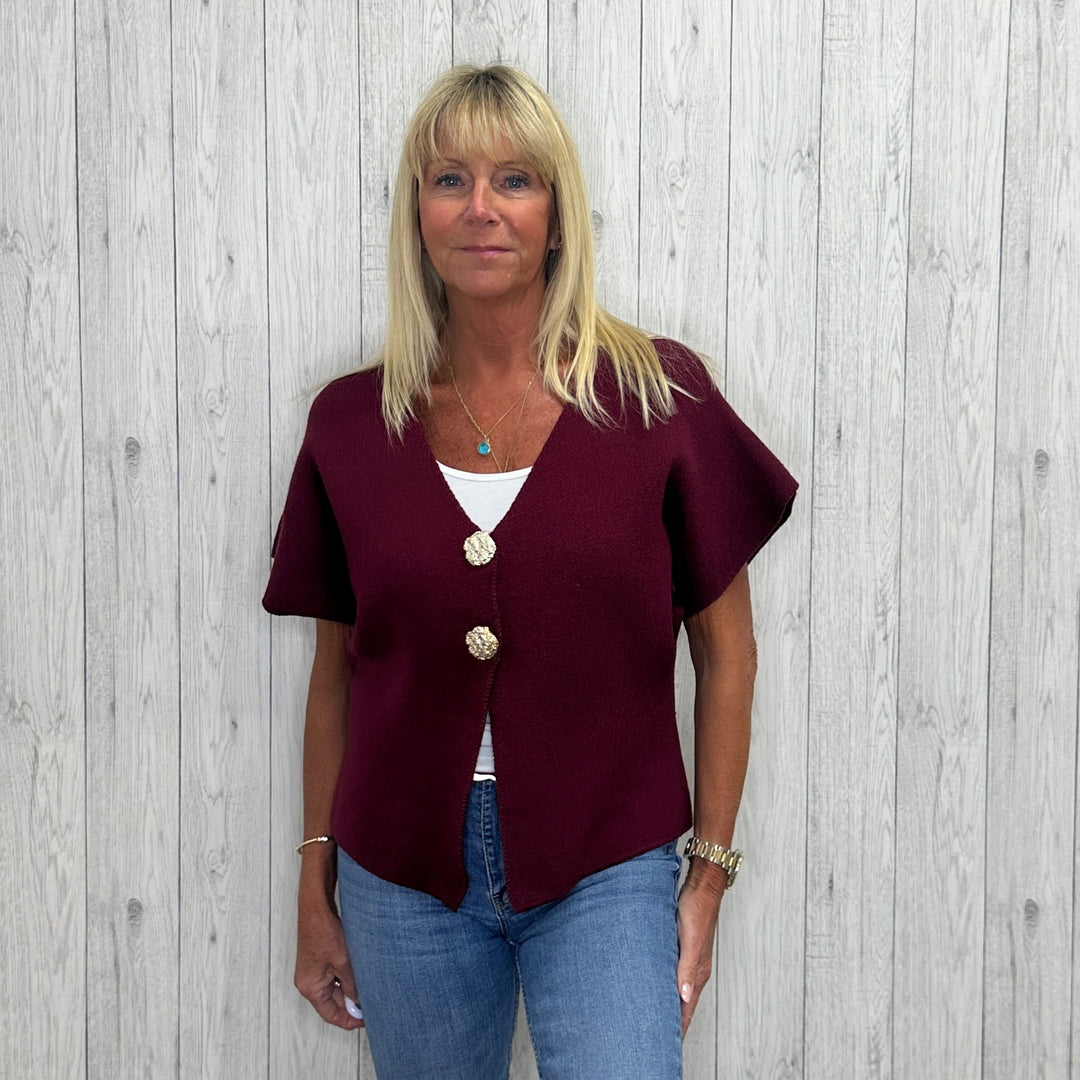 Manarola Gold Button Short Sleeve Cardigan Wine Red - Sugarplum Boutique