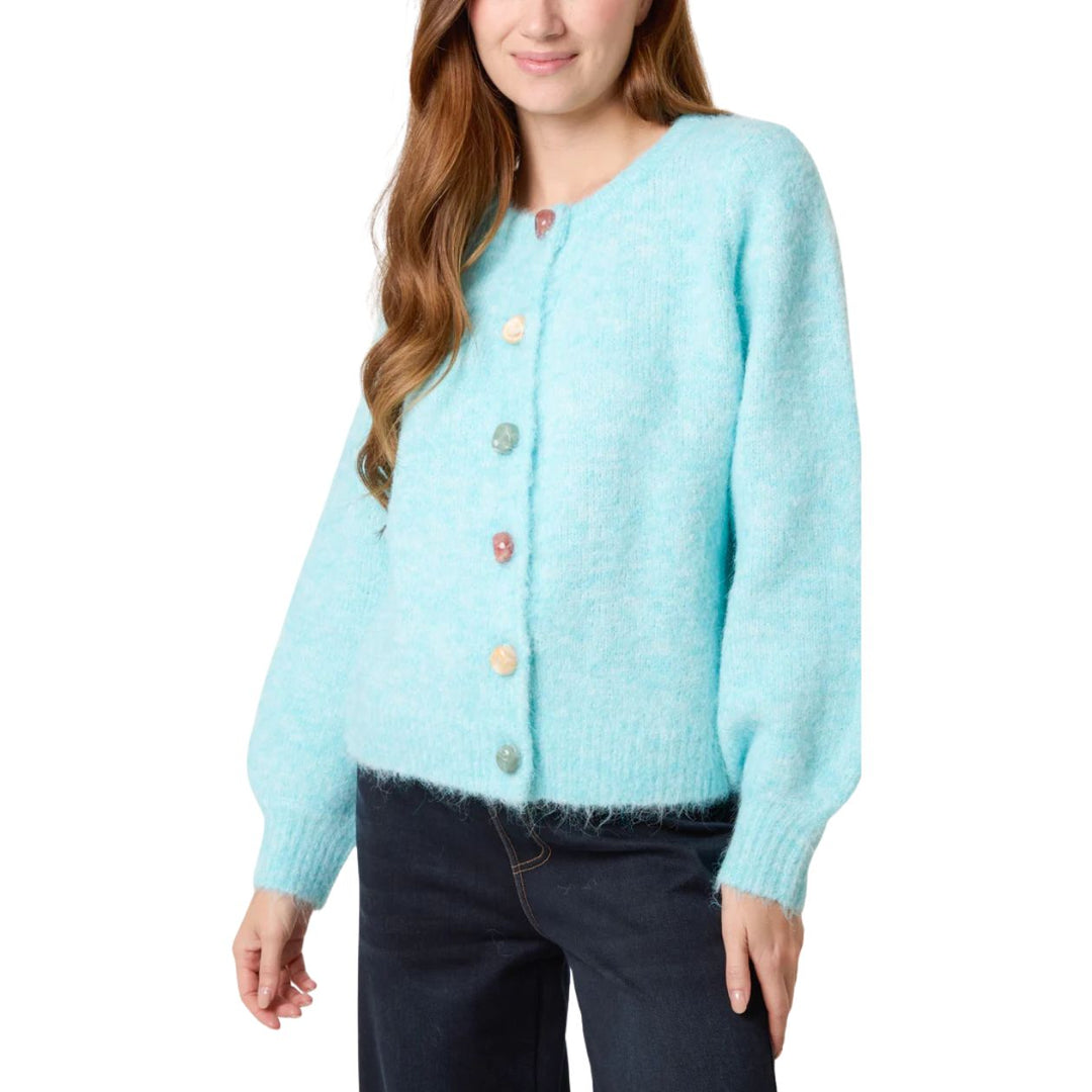 Marble Button Aqua Green Crew Neck Wool Mix Cardigan - Sugarplum Boutique
