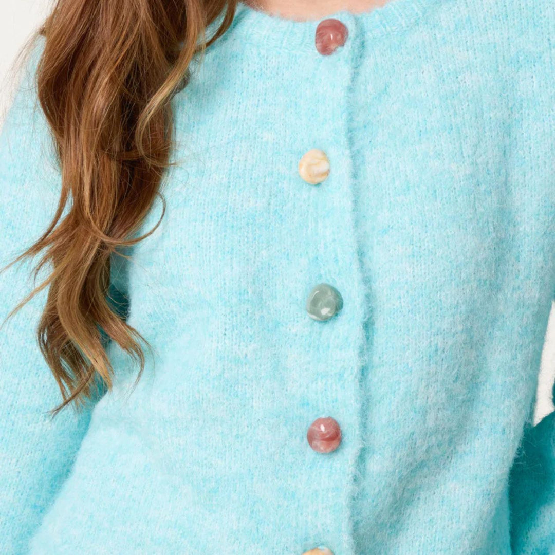 Marble Button Aqua Green Crew Neck Wool Mix Cardigan - Sugarplum Boutique