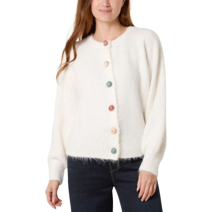 Marble Button Vanilla Crew Neck Wool Mix Cardigan - Sugarplum Boutique
