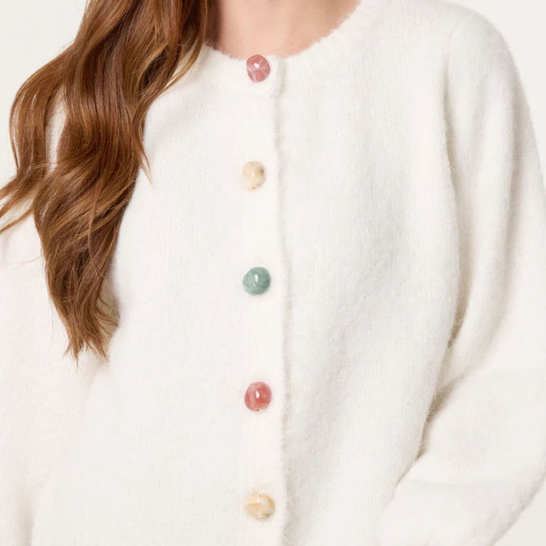Marble Button Vanilla Crew Neck Wool Mix Cardigan - Sugarplum Boutique