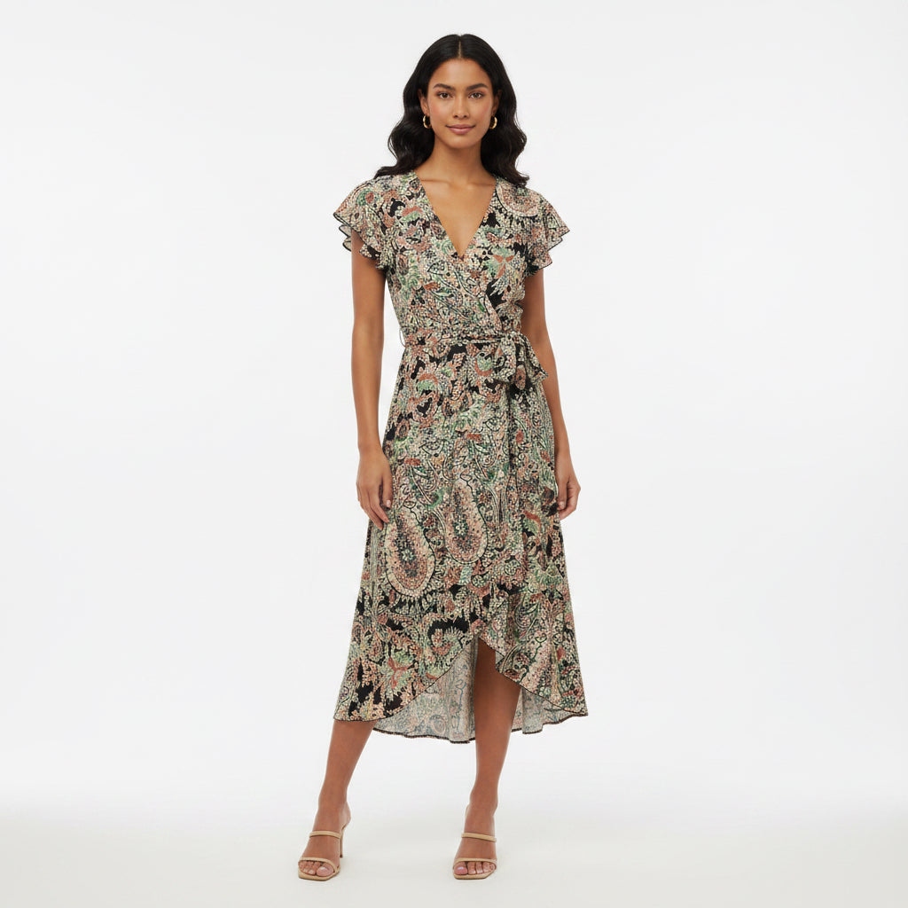 Marilyn Paisley Print Black Wrap Over Style Dress - Sugarplum Boutique