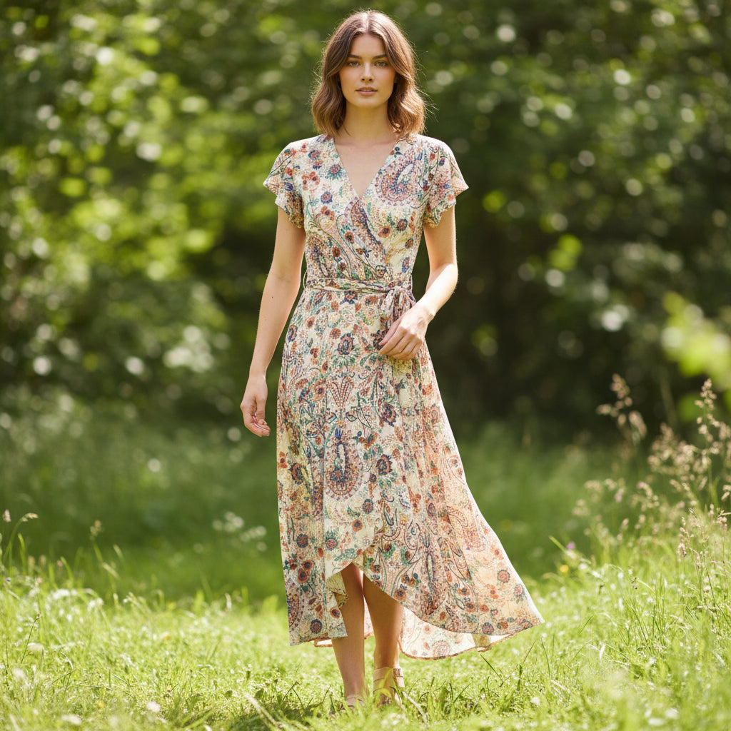 Marilyn Paisley Print Vanilla Wrap Over Style Dress - Sugarplum Boutique