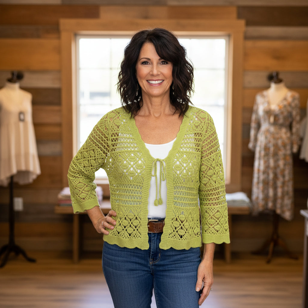 Marwell Lime Green Cotton Crochet Style Cardigan - Sugarplum Boutique