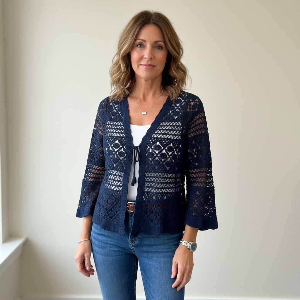 Marwell Navy Blue Cotton Crochet Style Cardigan - Sugarplum Boutique