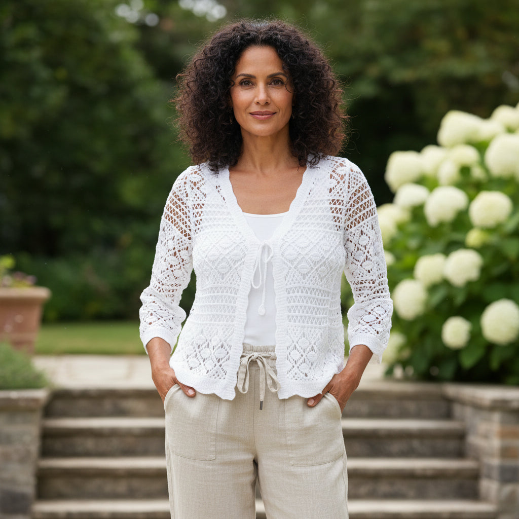 Marwell White Cotton Crochet Style Cardigan - Sugarplum Boutique