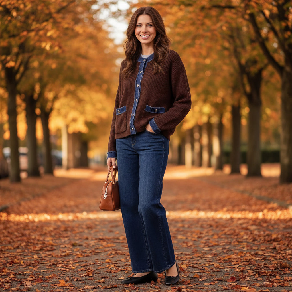 Masie Denim Mix Chocolate Brown Wool Blend Cardigan - Sugarplum Boutique 
