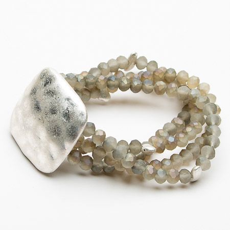 Matt Grey Four Strand Beaded Square Charm Bracelet - Sugarplum Boutique