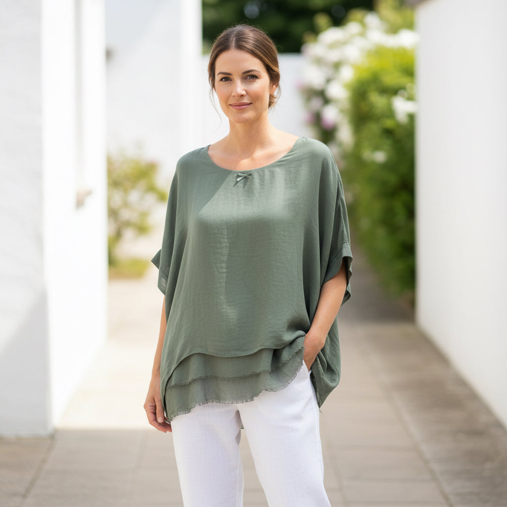 Maya Silk Tiered Top Occasion Wear Dark Khaki Green - Sugarplum Boutique