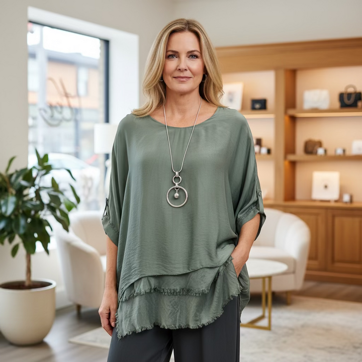 Maya Silk Tiered Top Occasion Wear Khaki Green - Sugarplum Boutique