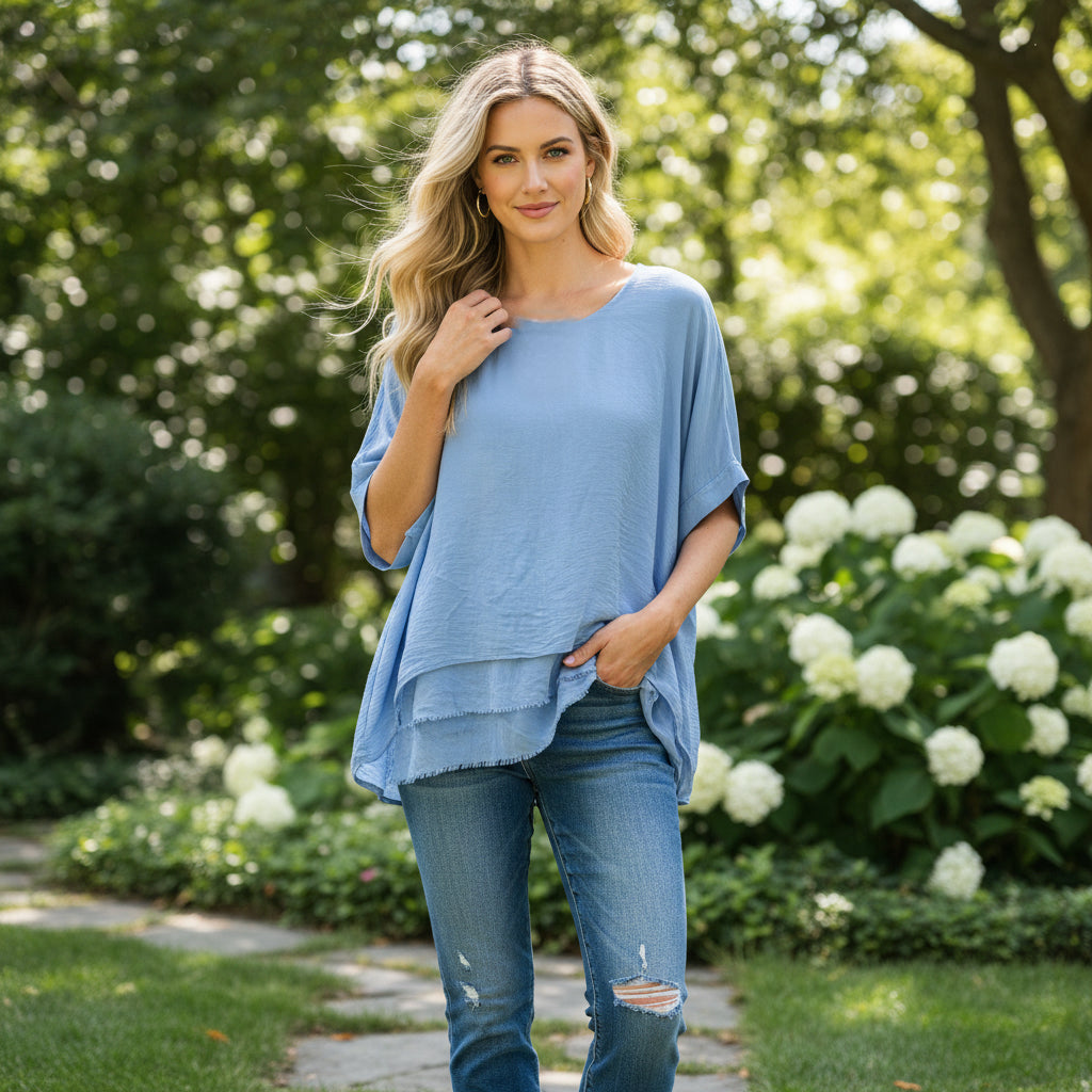 Maya Silk Tiered Top Occasion Wear Light Denim - Sugarplum Boutique