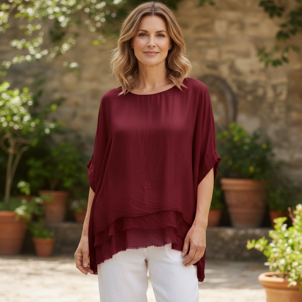 Maya Wine Red Silk Tiered Occasion Wear Top - Sugarplum Boutique