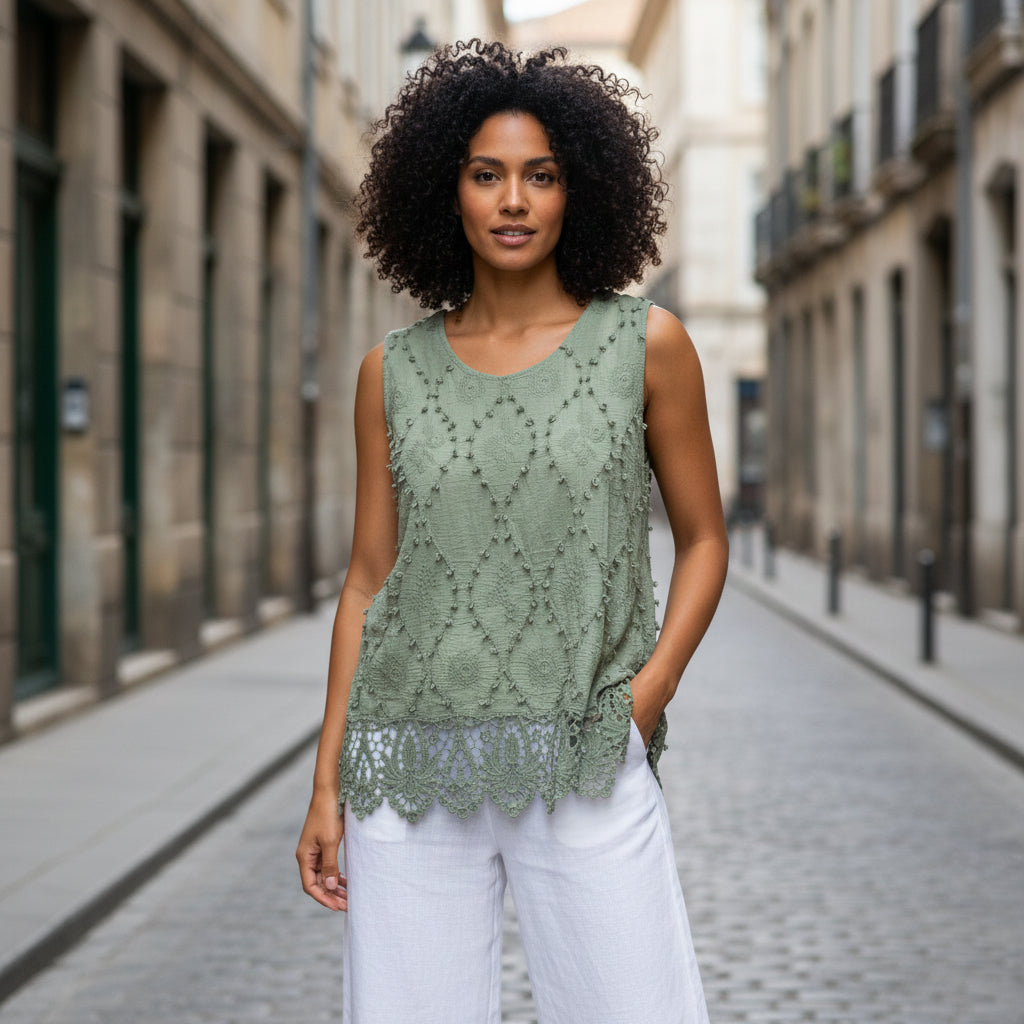 Meg Cotton Crochet Hem Khaki Green Sleeveless Top - Sugarplum Boutique