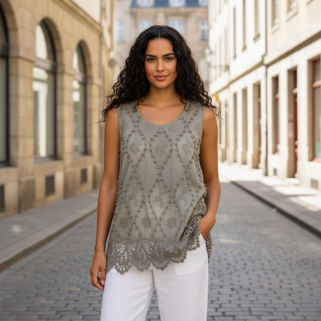 Meg Cotton Crochet Hem Mocha Brown Sleeveless Top - Sugarplum Boutique