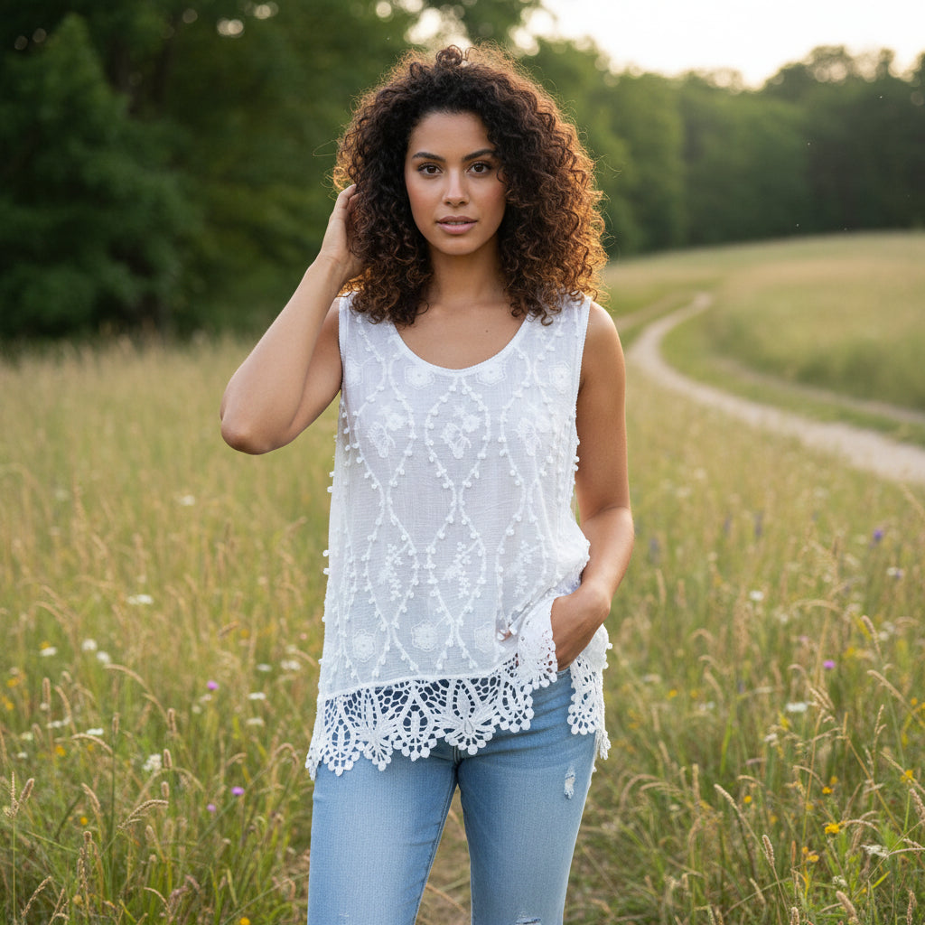 Meg Cotton Crochet Hem White Sleeveless Top - Sugarplum Boutique