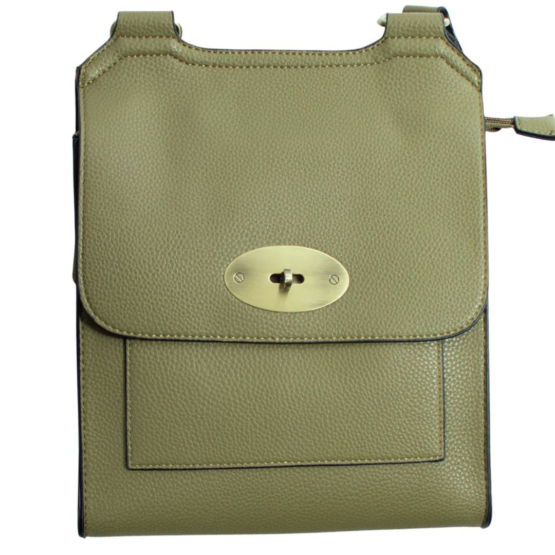 Messenger Cross Body Bag Olive Green Faux Leather -Sugarplum Boutique