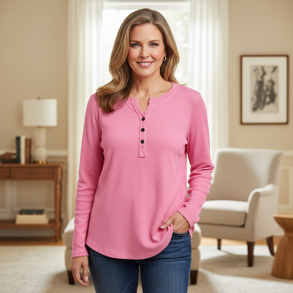 Michelle Pink Rib Grandad Collar Cotton Top - Sugarplum Boutique