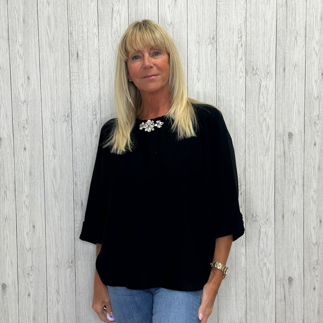 Michelle Short Drop Sleeve Crystal Embellished Top Black -  Sugarplum Boutique