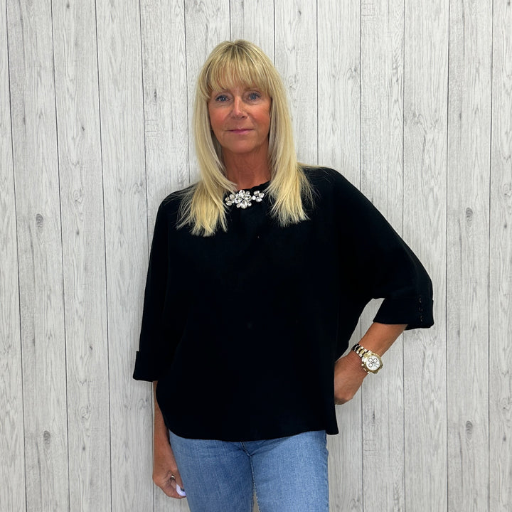 Michelle Short Drop Sleeve Crystal Embellished Top Black -  Sugarplum Boutique