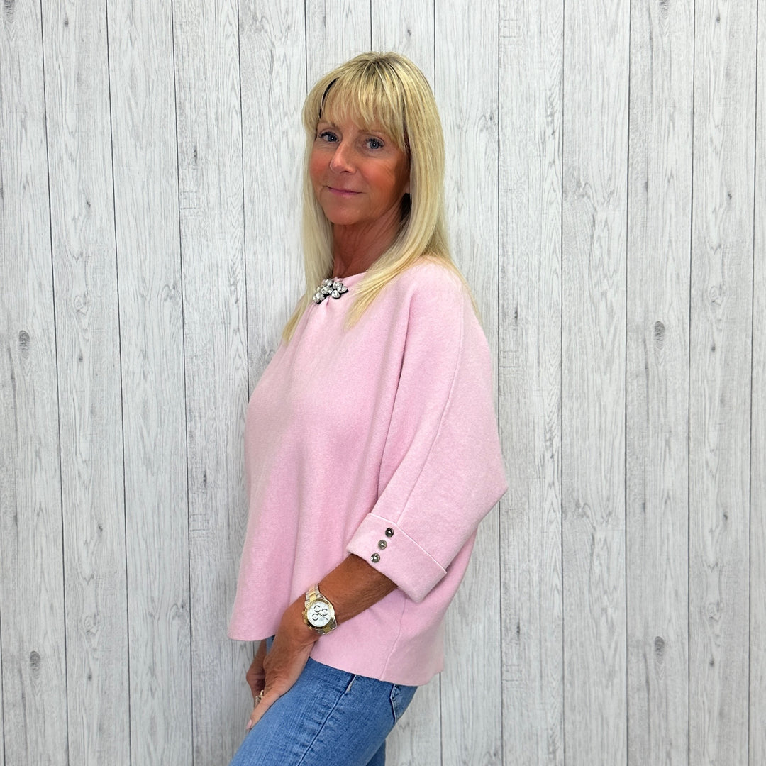 Michelle Short Drop Sleeve Crystal Embellished Top Vintage Pink - Sugarplum Boutique