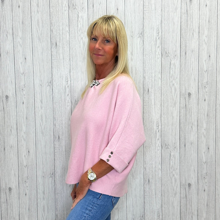 Michelle Short Drop Sleeve Crystal Embellished Top Vintage Pink - Sugarplum Boutique