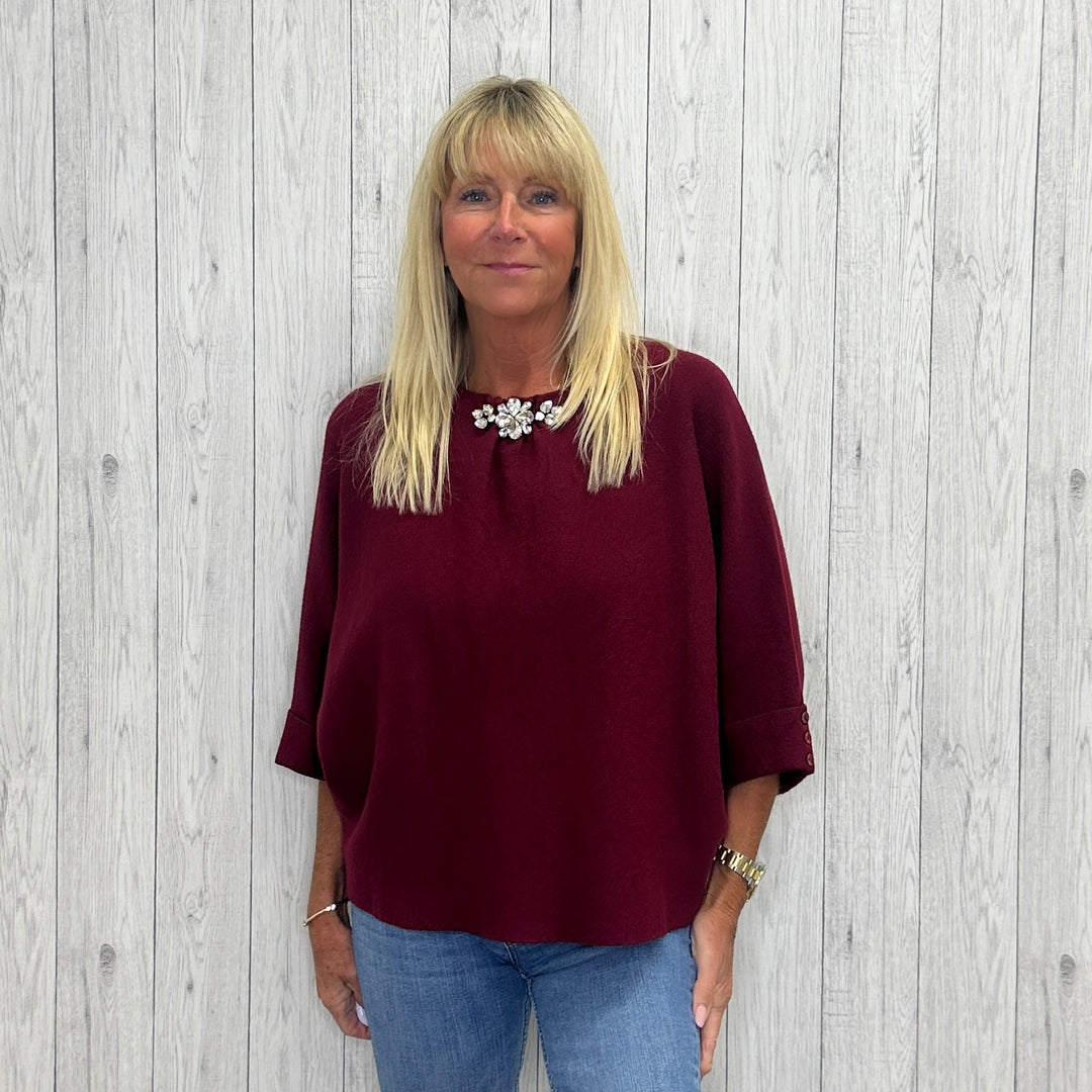 Michelle Short Drop Sleeve Crystal Embellished Top Wine Red - Sugarplum Boutique